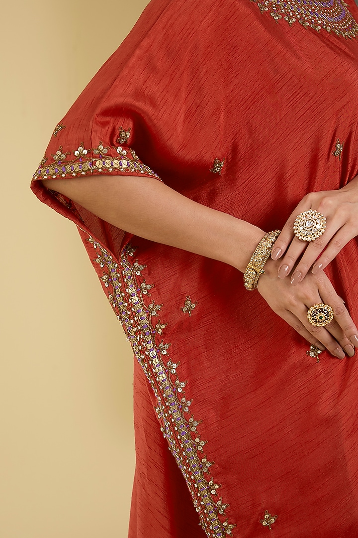 Ruby Red Bemberg Silk Embellished Kaftan Set by Baidehi at Pernia's Pop Up Shop