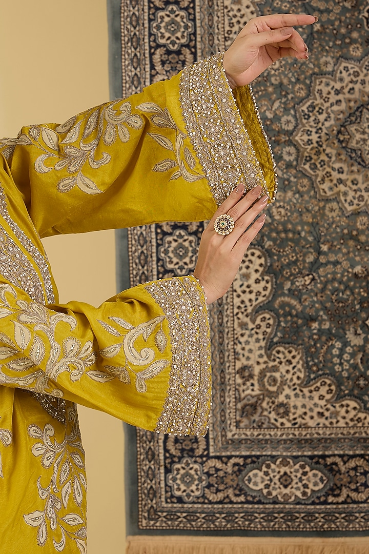 Mustard Yellow Bemberg Silk Embroidered Kurta Set by Baidehi at Pernia's Pop Up Shop