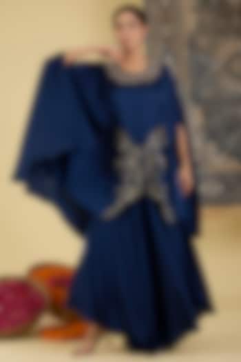 Teal Blue Italian Satin Embroidered Cape Set by Baidehi at Pernia's Pop Up Shop