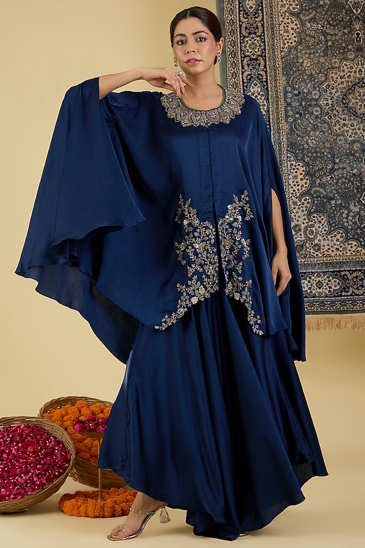 Teal Blue Italian Satin Embroidered Cape Set by Baidehi at Pernia's Pop Up Shop