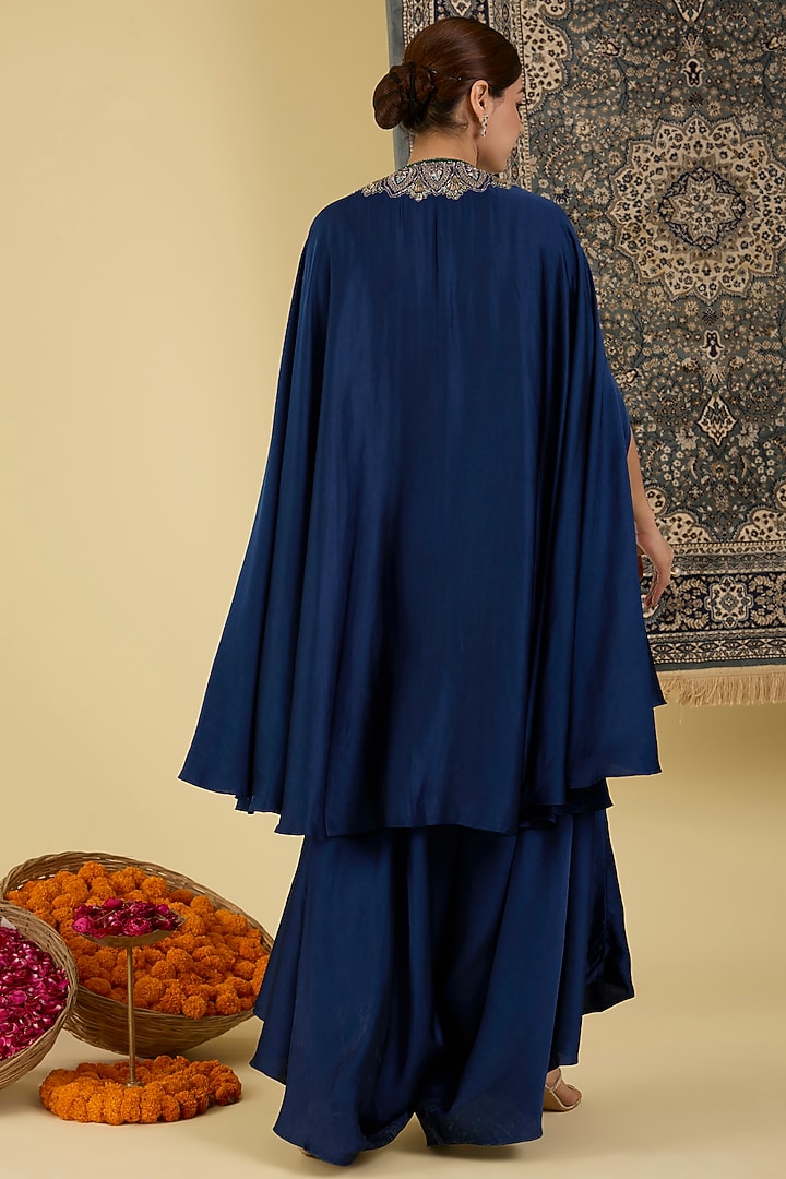 Teal Blue Italian Satin Embroidered Cape Set by Baidehi at Pernia's Pop Up Shop