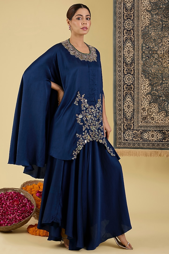 Teal Blue Italian Satin Embroidered Cape Set by Baidehi at Pernia's Pop Up Shop