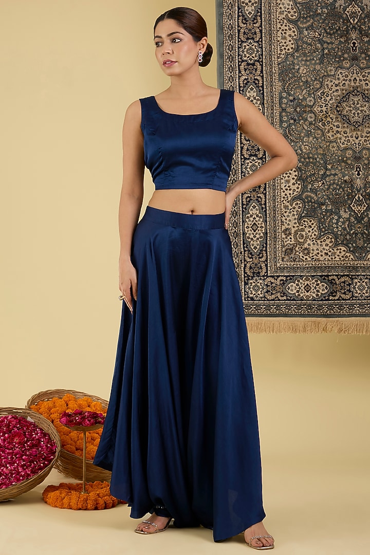 Teal Blue Italian Satin Embroidered Cape Set by Baidehi at Pernia's Pop Up Shop