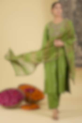 Olive Green Pure Chanderi Embroidered Kurta Set by Baidehi at Pernia's Pop Up Shop