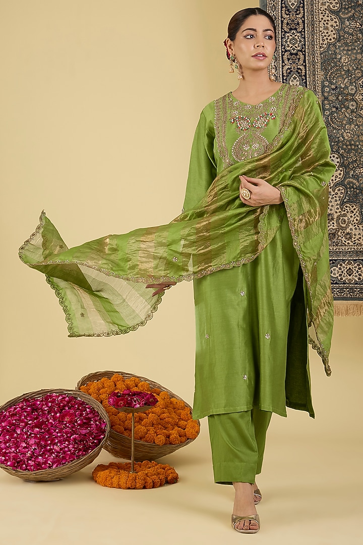 Olive Green Pure Chanderi Embroidered Kurta Set by Baidehi at Pernia's Pop Up Shop