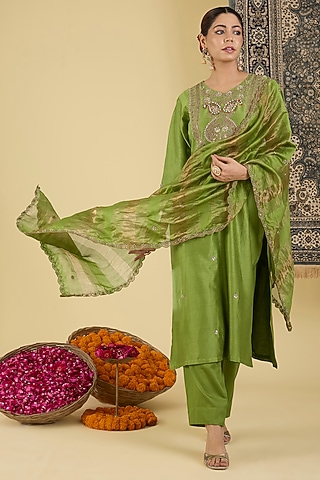 Olive Green Pure Chanderi Embroidered Kurta Set by Baidehi