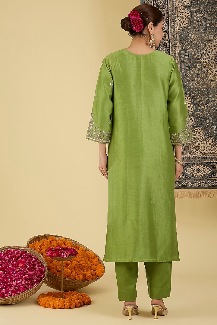 Olive Green Pure Chanderi Embroidered Kurta Set by Baidehi at Pernia's Pop Up Shop