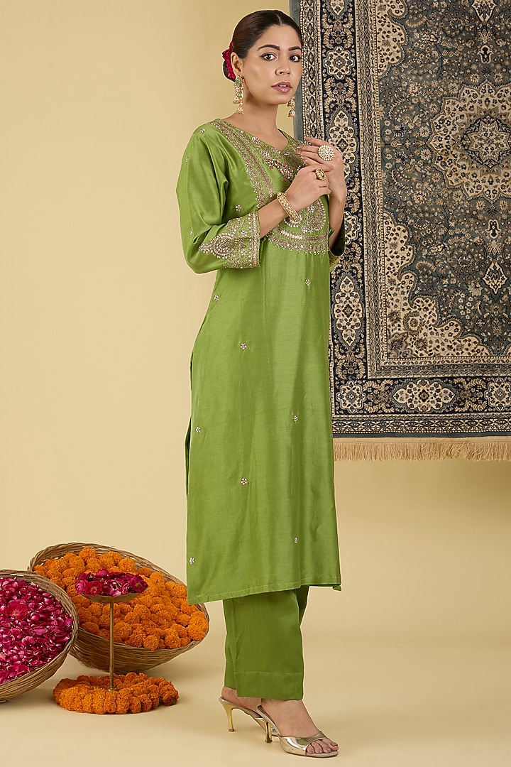 Olive Green Pure Chanderi Embroidered Kurta Set by Baidehi at Pernia's Pop Up Shop