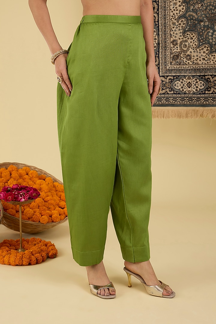 Olive Green Pure Chanderi Embroidered Kurta Set by Baidehi at Pernia's Pop Up Shop