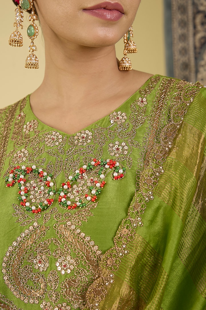 Olive Green Pure Chanderi Embroidered Kurta Set by Baidehi at Pernia's Pop Up Shop