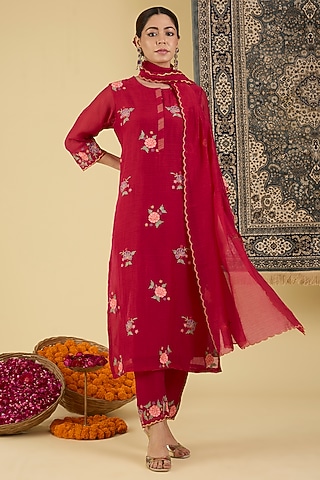 Ruby Red Mal Chanderi Floral Embroidered Kurta Set by Baidehi