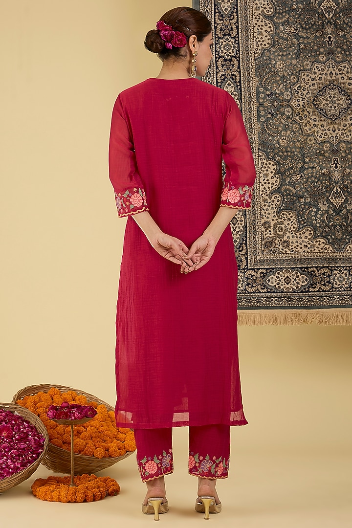Ruby Red Mal Chanderi Floral Embroidered Kurta Set by Baidehi at Pernia's Pop Up Shop