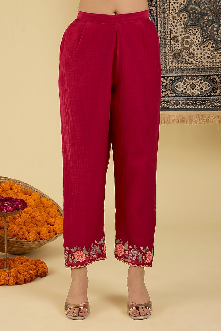 Ruby Red Mal Chanderi Floral Embroidered Kurta Set by Baidehi at Pernia's Pop Up Shop