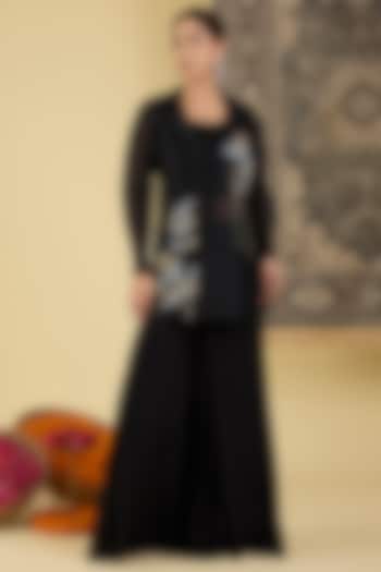 Black Organza Embroidered Jacket Set by Baidehi at Pernia's Pop Up Shop