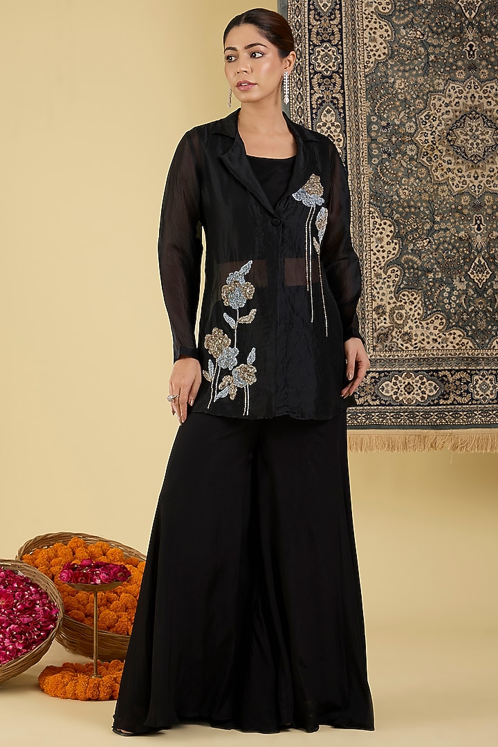 Black Organza Embroidered Jacket Set by Baidehi at Pernia's Pop Up Shop