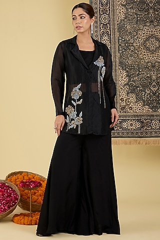 Black Organza Embroidered Jacket Set by Baidehi