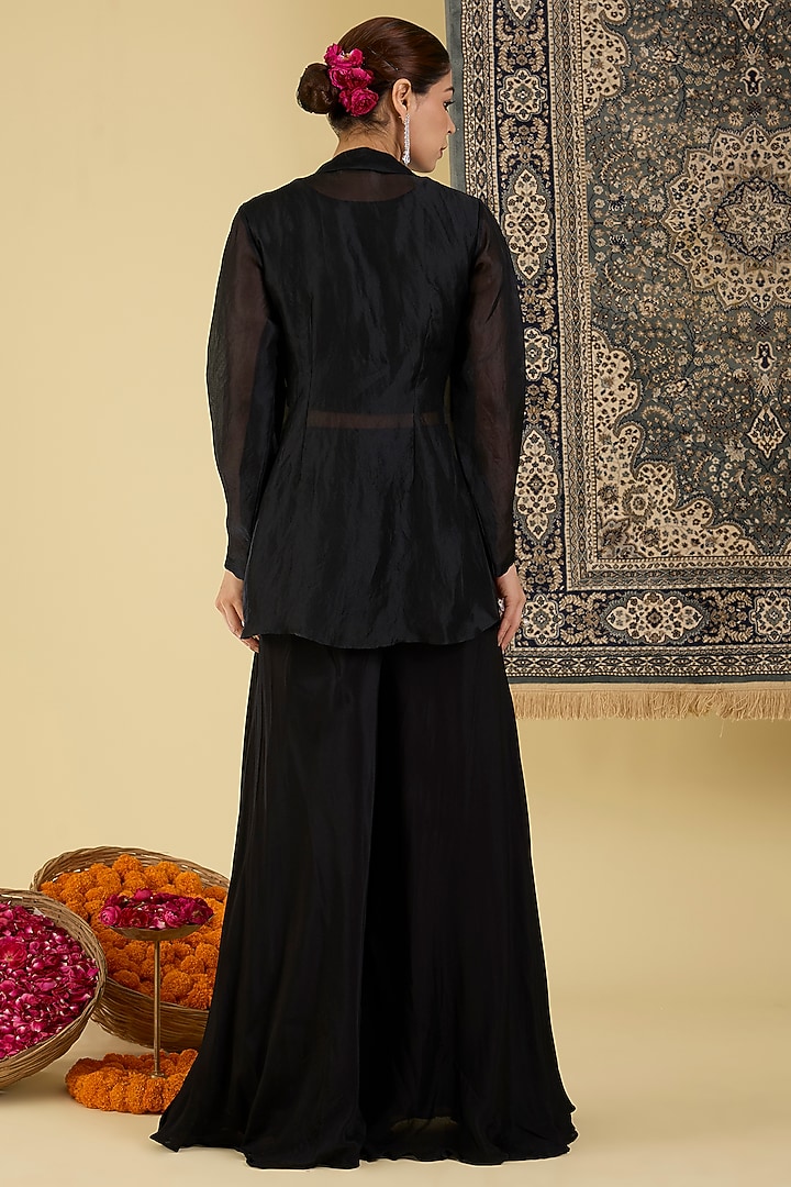 Black Organza Embroidered Jacket Set by Baidehi at Pernia's Pop Up Shop