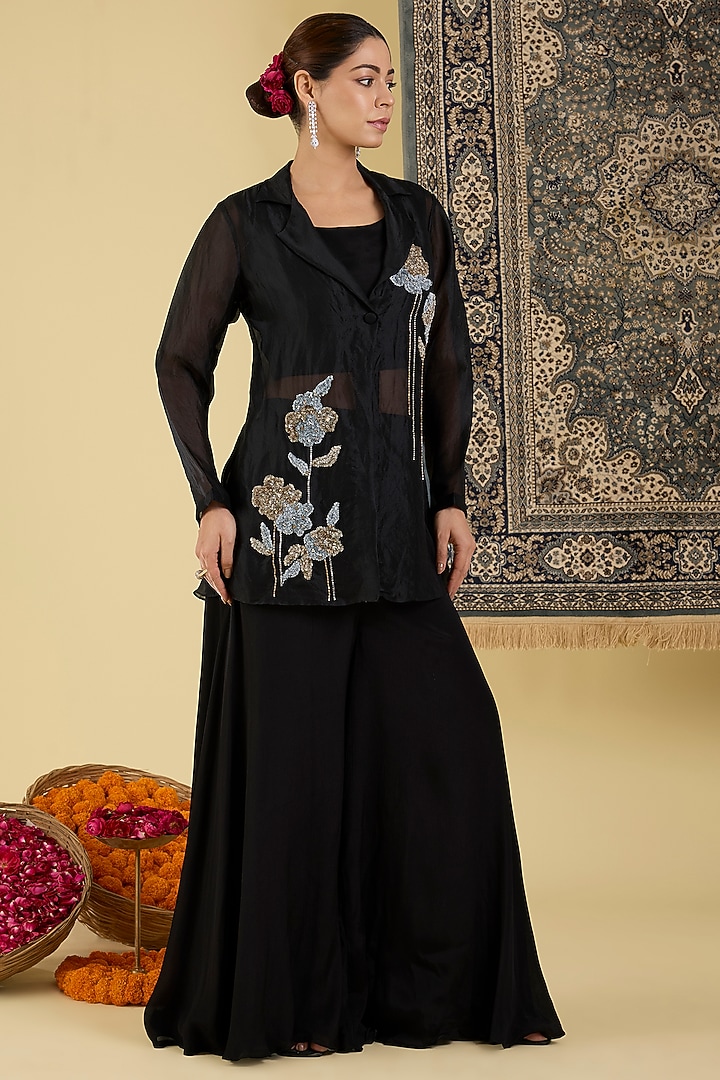 Black Organza Embroidered Jacket Set by Baidehi at Pernia's Pop Up Shop