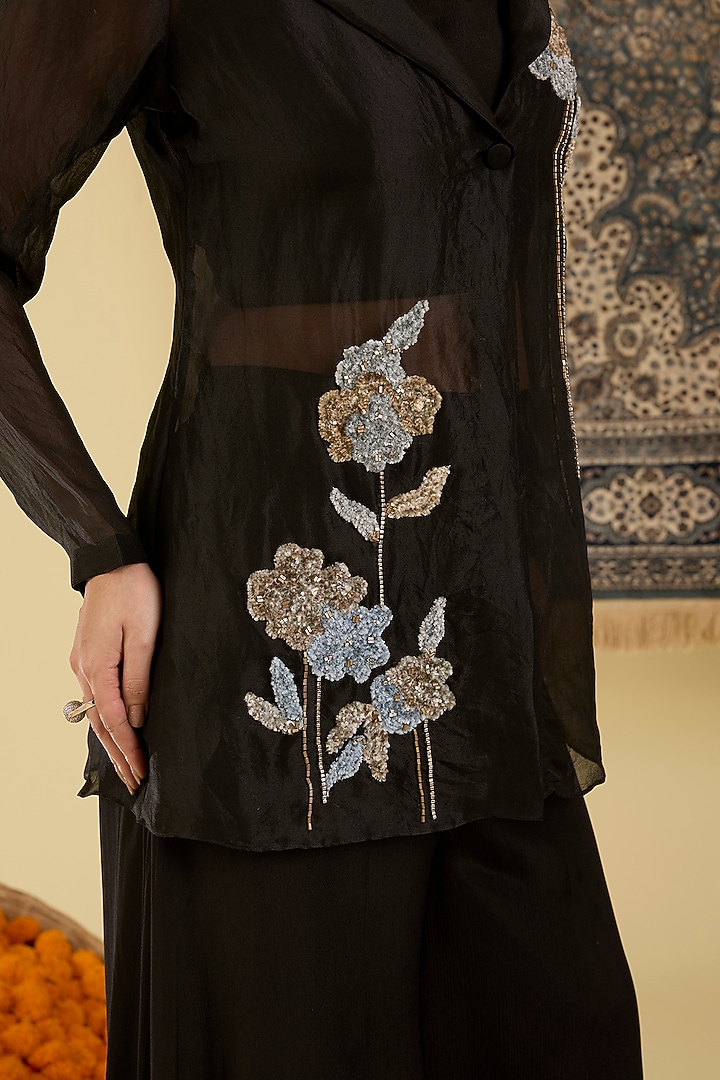 Black Organza Embroidered Jacket Set by Baidehi at Pernia's Pop Up Shop