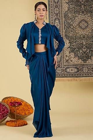 Midnight Blue Italian Satin Skirt Set by Baidehi