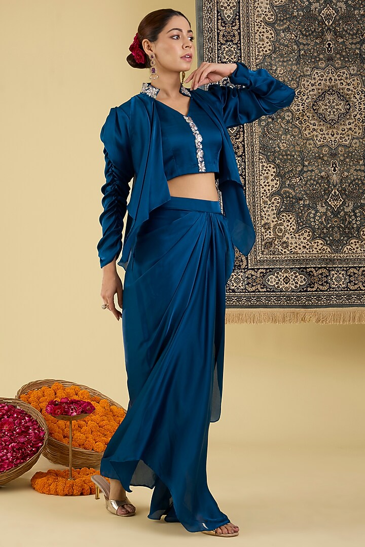 Midnight Blue Italian Satin Skirt Set by Baidehi at Pernia's Pop Up Shop