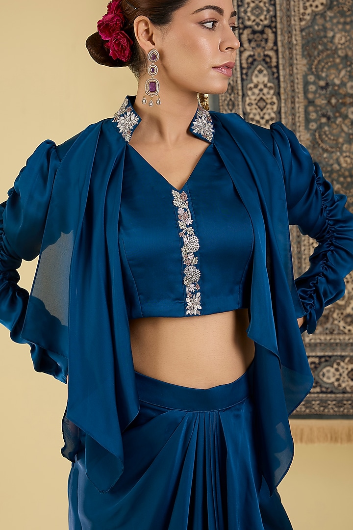 Midnight Blue Italian Satin Skirt Set by Baidehi at Pernia's Pop Up Shop