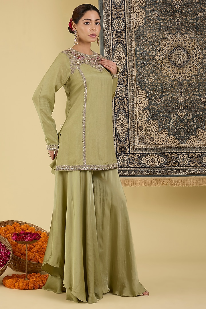 Olive Green Crepe Wedding Sharara Set by Baidehi at Pernia's Pop Up Shop