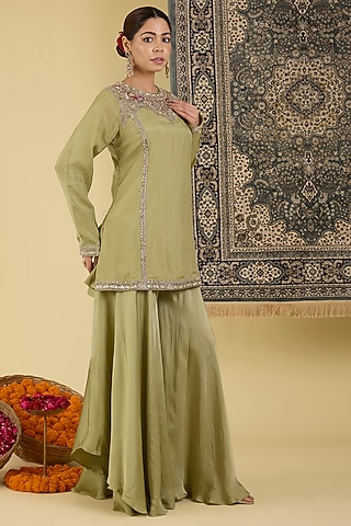 Olive Green Crepe Sharara Set by Baidehi