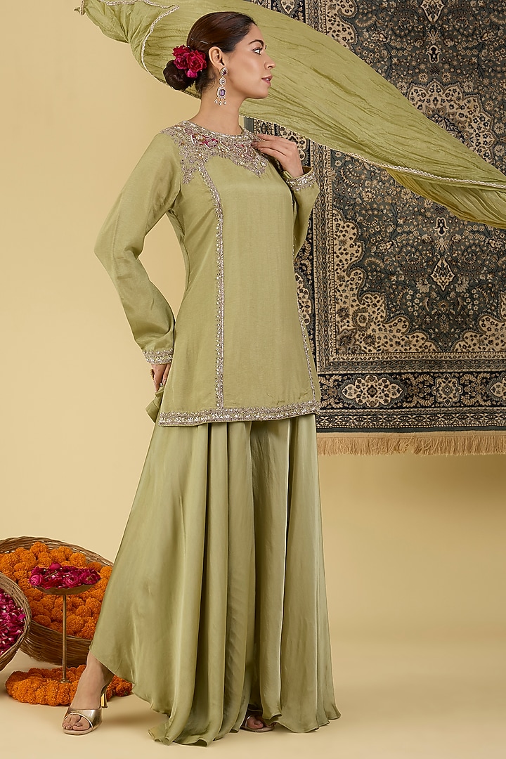 Olive Green Crepe Wedding Sharara Set by Baidehi at Pernia's Pop Up Shop