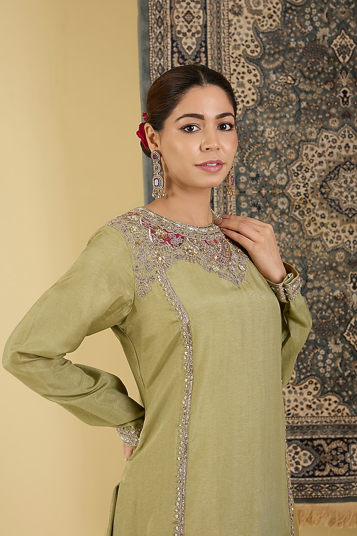Olive Green Crepe Wedding Sharara Set by Baidehi at Pernia's Pop Up Shop