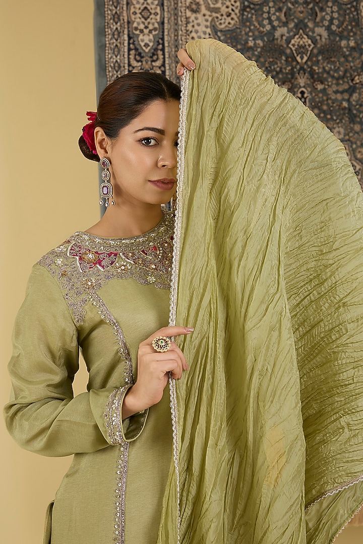 Olive Green Crepe Wedding Sharara Set by Baidehi at Pernia's Pop Up Shop