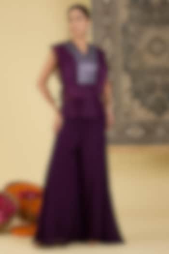 Wine Organza Embroidered Jacket Set by Baidehi at Pernia's Pop Up Shop