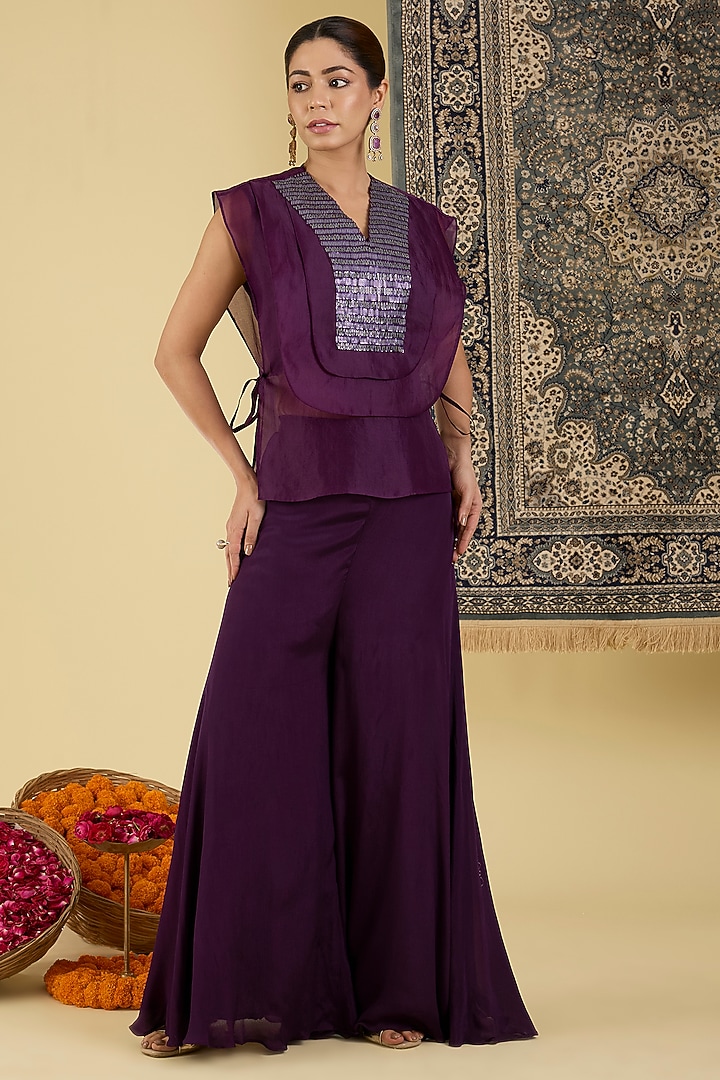 Wine Organza Embroidered Jacket Set by Baidehi at Pernia's Pop Up Shop