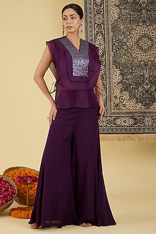 Wine Organza Embroidered Jacket Set by Baidehi