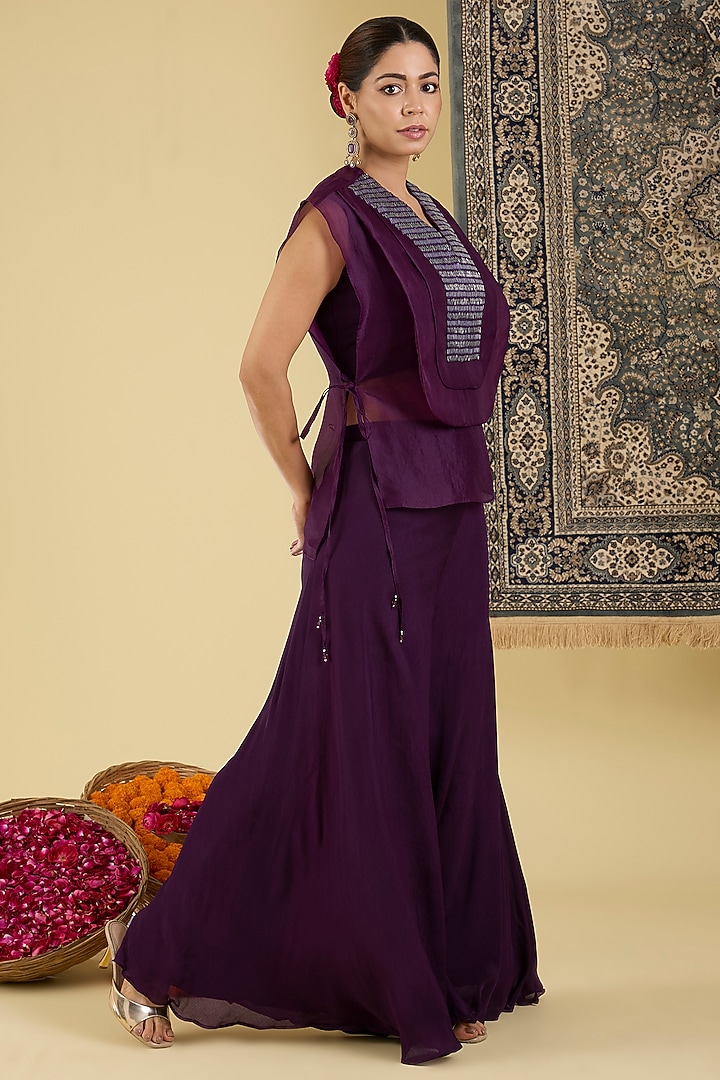 Wine Organza Embroidered Jacket Set by Baidehi at Pernia's Pop Up Shop