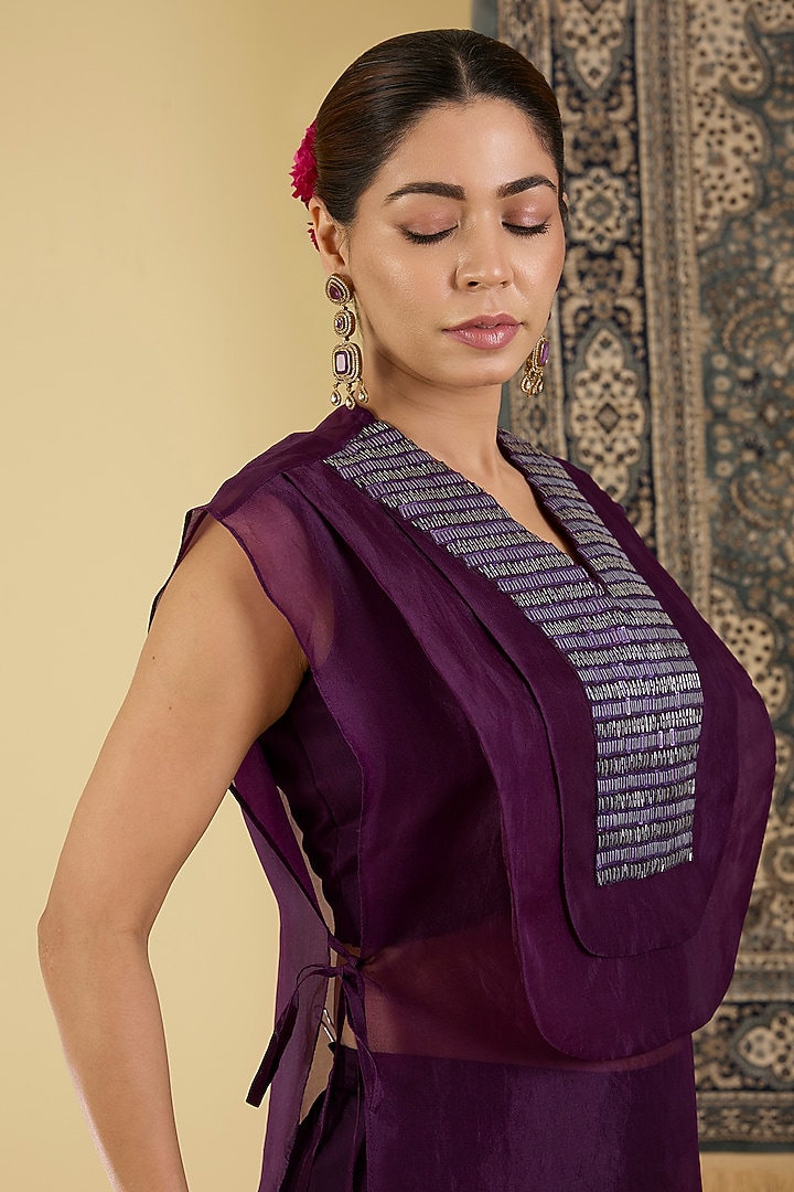 Wine Organza Embroidered Jacket Set by Baidehi at Pernia's Pop Up Shop