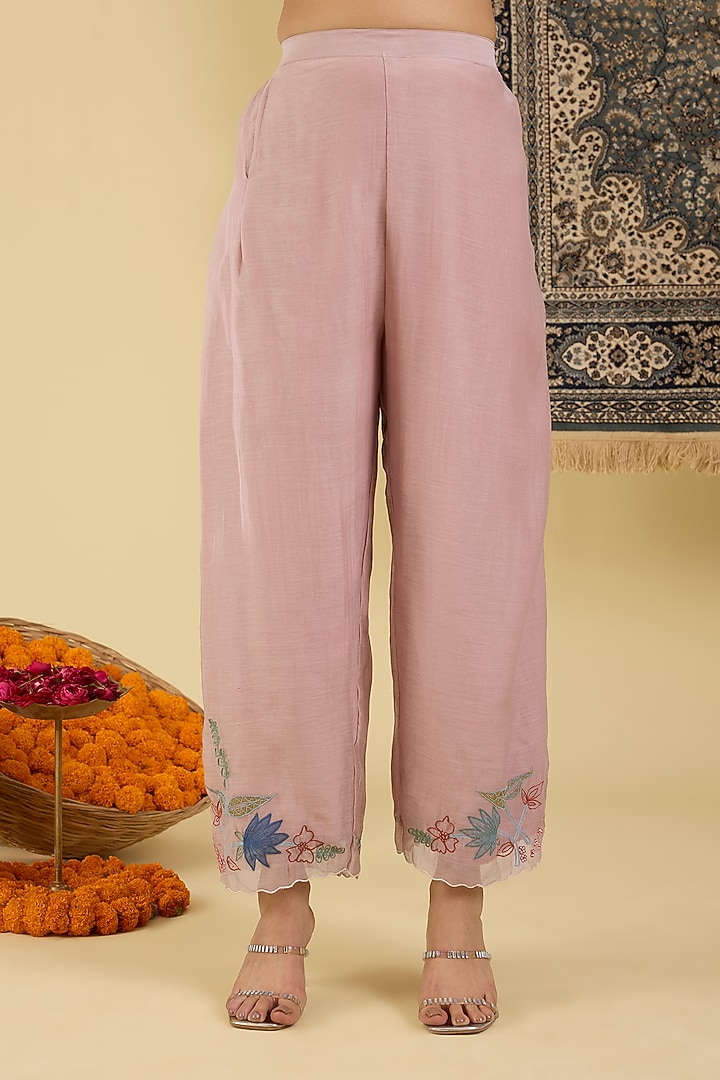 Soft Lilac Mal Chanderi Floral Embroidered Kurta Set by Baidehi at Pernia's Pop Up Shop