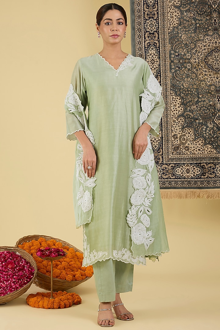 Pastel Green Pure Chanderi Applique Embroidered Kurta Set by Baidehi at Pernia's Pop Up Shop