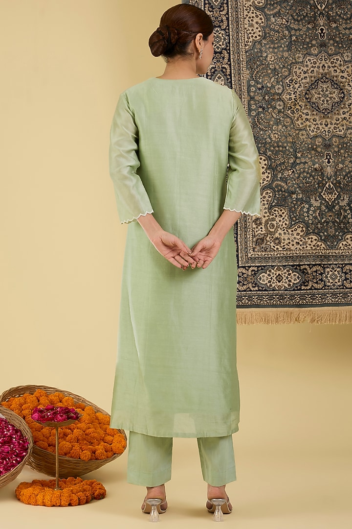 Pastel Green Pure Chanderi Applique Embroidered Kurta Set by Baidehi at Pernia's Pop Up Shop