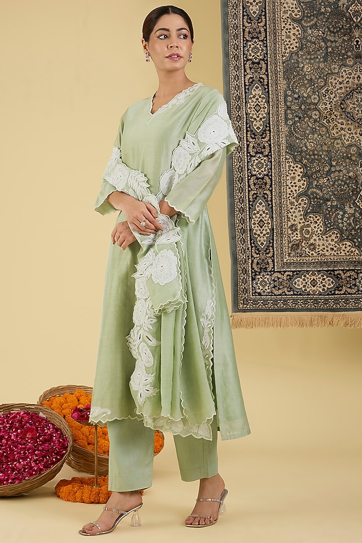 Pastel Green Pure Chanderi Applique Embroidered Kurta Set by Baidehi at Pernia's Pop Up Shop