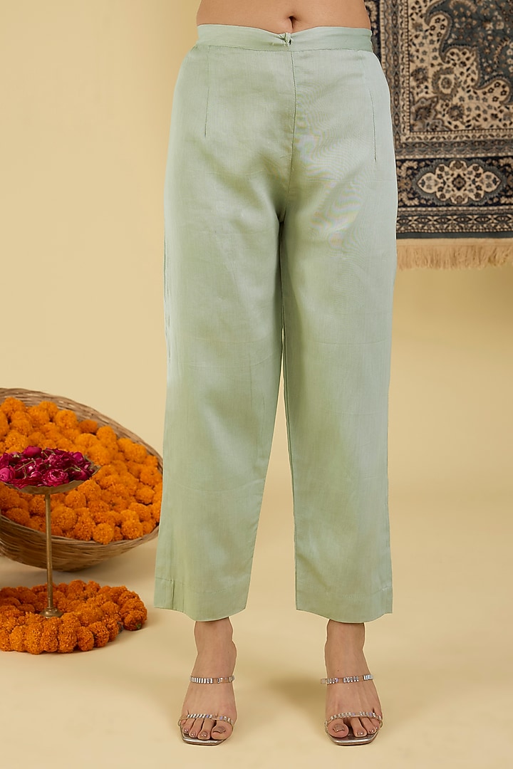 Pastel Green Pure Chanderi Applique Embroidered Kurta Set by Baidehi at Pernia's Pop Up Shop