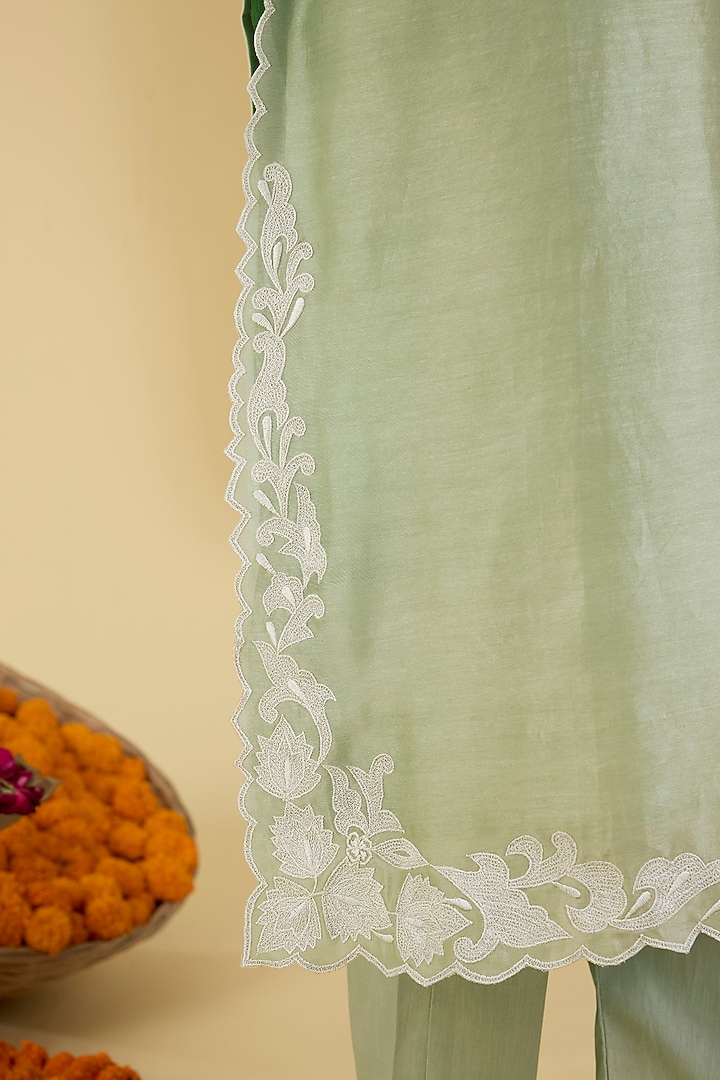 Pastel Green Pure Chanderi Applique Embroidered Kurta Set by Baidehi at Pernia's Pop Up Shop