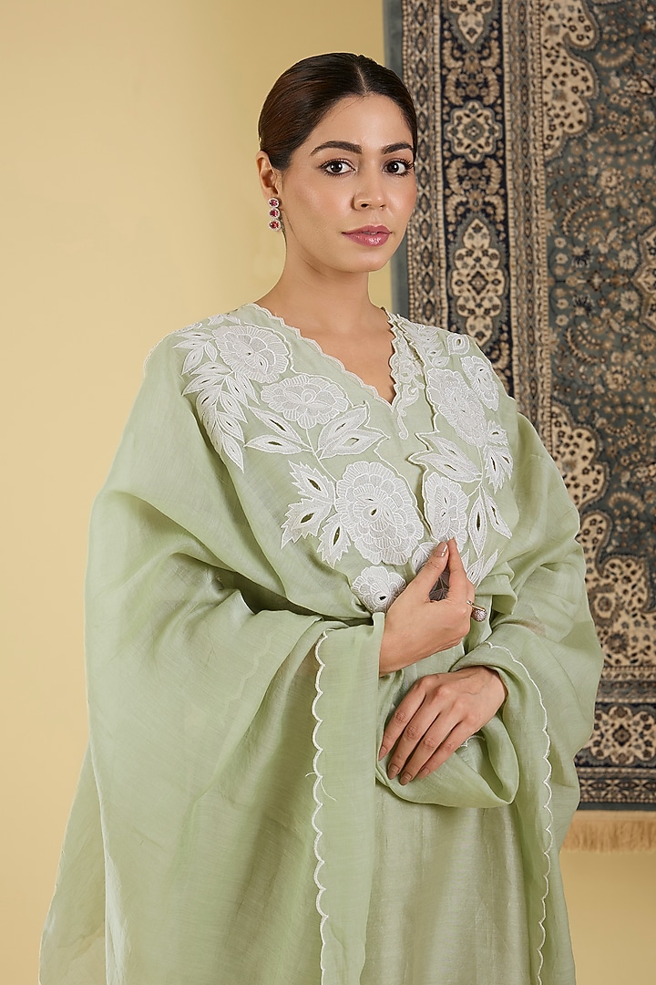 Pastel Green Pure Chanderi Applique Embroidered Kurta Set by Baidehi at Pernia's Pop Up Shop