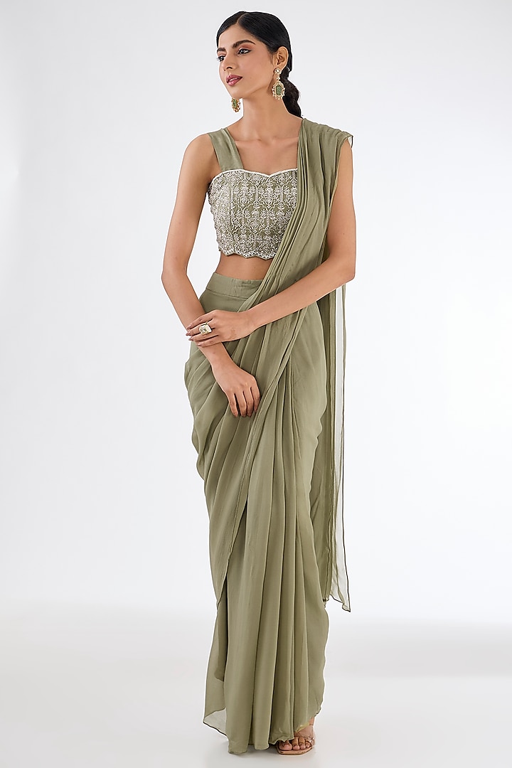 Pista Green Chinon Georgette Draped Saree Set by Baidehi at Pernia's Pop Up Shop