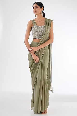 Pista Green Chinon Georgette Draped Saree Set by Baidehi
