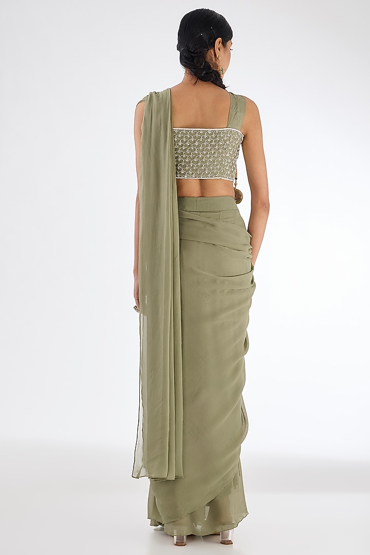 Pista Green Chinon Georgette Draped Party Wear Saree Set by Baidehi at Pernia's Pop Up Shop