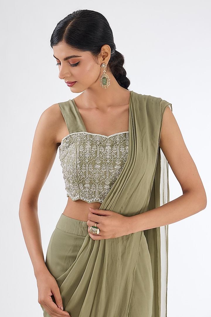 Pista Green Chinon Georgette Draped Party Wear Saree Set by Baidehi at Pernia's Pop Up Shop