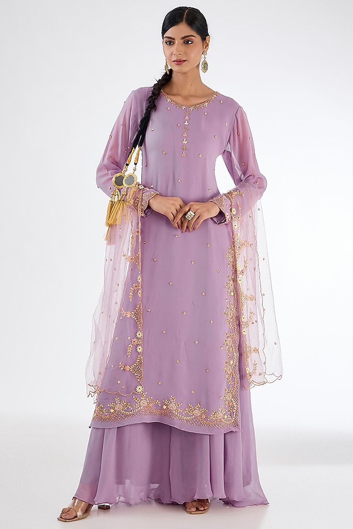 Lavender Chinon Georgette Sharara Set by Baidehi at Pernia's Pop Up Shop