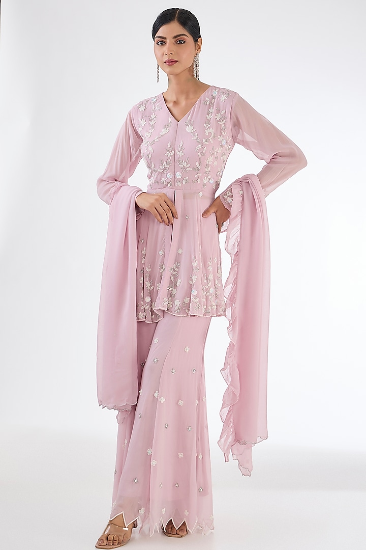 Powder Pink Chinon Georgette Embroidered Party Wear Sharara Set by Baidehi at Pernia's Pop Up Shop