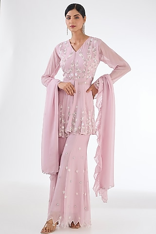 Powder Pink Chinon Georgette Embroidered Sharara Set by Baidehi